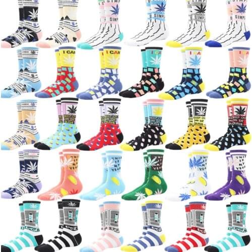 Mens Happy Socks Fashion Retro Personality Colorful Cute Color Striped Maple Leaf Letter Print Pattern Casual Harajuku Socks