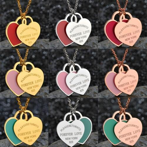 Charm Women Double Love Oil Drip Enamel Necklace Foever Love Fashion Stainless Steel Pendant Valentines Gift For Girls