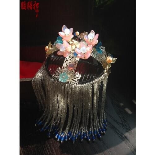 Wang Jiang You Chang Colored glaze real crystal petals classical hair comb imitate opera tiara long tassel hair accessory