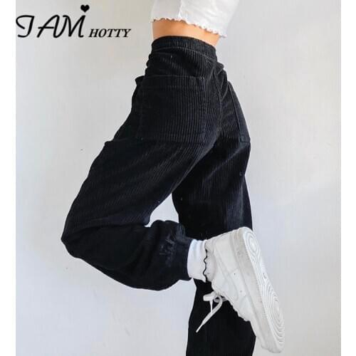 Casual Sports Joggers Cargo Corduroy Pants Women Vintage Loose Streetwear High Waist Korean Style Black Soft Trousers Iamhotty