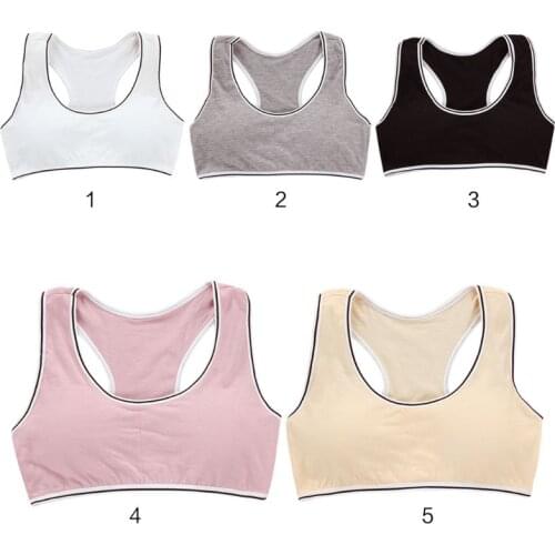 Junior Girl Wide Strap Racerback Sport Training Bra Solid Color Striped Trim Underwear Wireless Padded Bralette Casual Yoga Vest