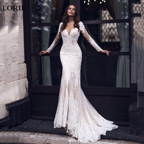 LORIE Champagne Mermaid Wedding Dresses Long Sleeve Lace Appliqued Beach Bridal Gowns Illusion Back Wedding Party Gowns