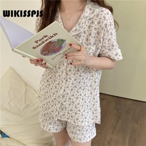 WIKISSPJS 2021 Summer New Cotton Korean Simple Home Clothes Pajamas Short Sleeve Shorts Set Loungewear Sleepwear Pjs