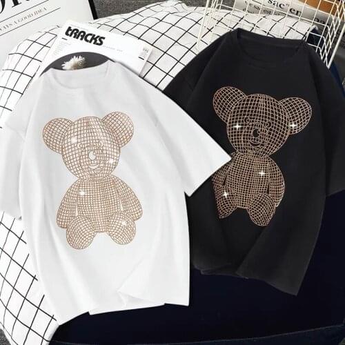 Ladies Shirt Heavy Industry Loose T-shirt Hot Diamond Bear Summer Fashion Black And White T-shirt Half Sleeve T-shirt Size M-xxl