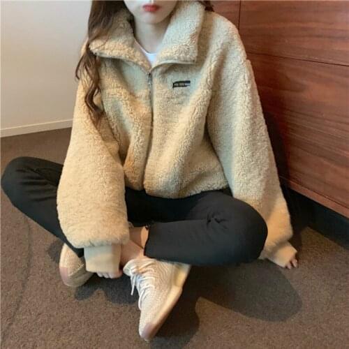 Women Winter Short Lamb Wool Jacket Coat Zipper Stand Collar Woolen Overcoat Outerwear Warm Clothes