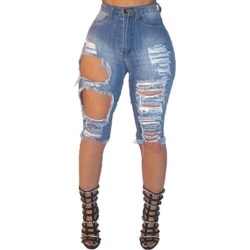 Women Stretch Ripped Destroyed Jeans 2020 Newest Skinny Shredded Hole Knee-length Denim Pants Slim Jeggings Distressed Jeans