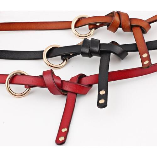 2019 New Designer Ladies Black White Red Narrow Thin Genuine Leather Belt Womens O Ring Knot Waistband Belts for Woman Dress
