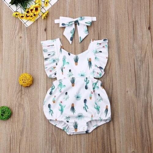 Baby Girls Fashion Cactus Printed Ruffled Bodysuit Headband 0-24M Infant Newborn Toddler Summer Casual Rompers Jumpsuit 2021 New