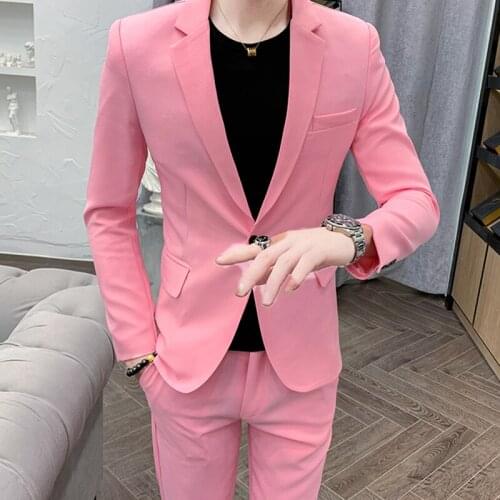 Tailor Made Fashion High Quality One Button Pink Men Suits Slim Fit Groom Tuxedo For Wedding Dress Party Costume (Jacket+Pants)