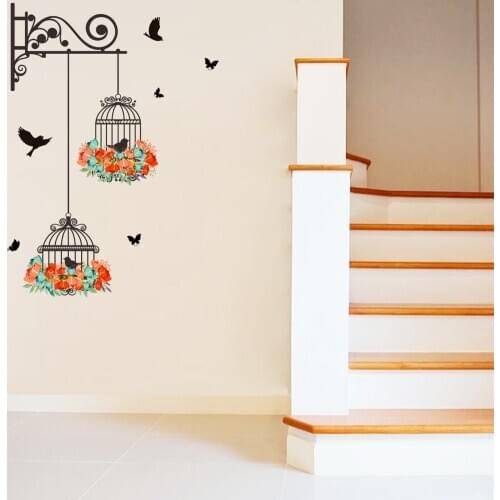 Colorful Flower Birdcage Flying Birds Wall Stickers Creative Home Decor Living Room Decal Wallpaper Bedroom Nursery Window Decor