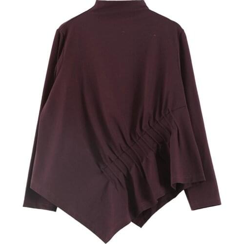 Fashion Pleated High Neck Womens T-shirt Tops Solid Color Retro Personality Long-sleeved Autumn Asymmetric Tees