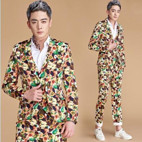 2020 new arrival slim men suit singer stage fashion mens wedding suits printing Floral Green apple formal dress mens groom suit