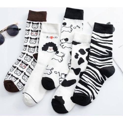 Socks women with leather shoes ins tube ins tide brand cartoon illustration black and white human head high tube stocki