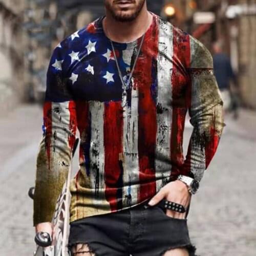 New Men T-shirt Long Sleeve Fashion Flag Print Tops 2021 Summer Casual Pullovers Oversize T Shirt Mens Clothing Plus Size M-3XL