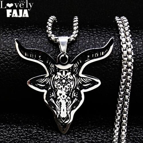 Stainless Steel Satan Sheep Head Necklace Jewelry Silver Color Statement Necklace for Men Jewelry cadenas para hombre N3261S03