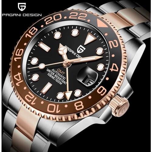 PAGANI DESIGN New Rose Gold Ceramic Bezel GMT Watch Luxury Sapphire Glass Automatic Watch Stainless Steel Mens Mechanical Watch