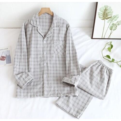 Spring / Autumn Couple Pajamas Cotton Sanded Plaid Womens Pajamas Long Sleeve Trouser Suits Soft Comfortable Men Sleepwear 2021
