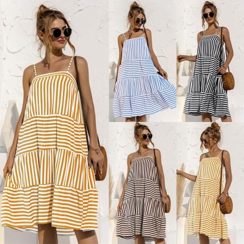Women Summer Dress Striped Color Contrast Color Patchwork Strap Beachwear Elegant Fashion Casual Female Vestido Party OL C2484