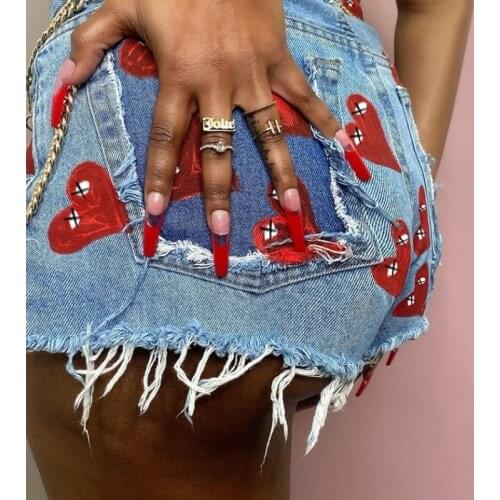 Sexy Heart Print Jean Shorts Women Casual 2021 Summer Fashion harajuku Streetwear Fur-Lined Leg-Openings Denim Booty Shorts y2k