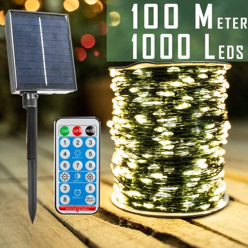 100M 30M LED Solar String Lights 50 10Meters Copper Wire Fairy Lights for Waterproof Outdoor Garden Decoration Warm White