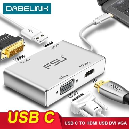 USB C cable to HDMI DVI VGA USB Type-c male to HDMI/ DVI/VGA/USB Female 4K 1080P MultiPort Cable Adapter for Dell XPS Acer