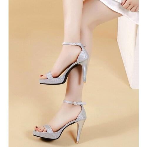 2021 New Summer Ladies High Heels Wedding Party Sandals Open Toe Ankle Straps Chunky High Heels Rhinestone Platform Sandals