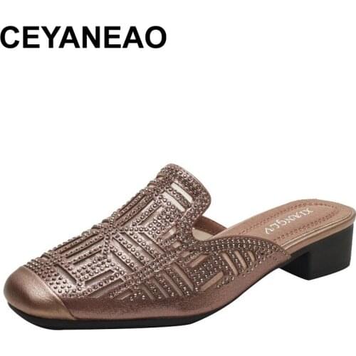 CEYANEAO Mesh Diamond Slipper 2021 Summer Gold Bling Rhinestone Slipper Women Wear Thick Heel Casual Outdoor Sandal