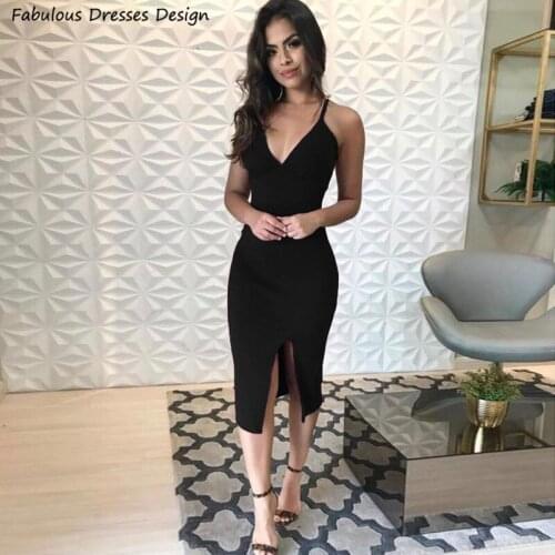 2021 Black Short Prom Dress Mermaid V-neck With Split Tea Length Dresses Woman Party Night Evening Gowns Cheap Robe de soiree