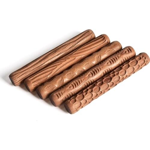 5Pcs Pottery tools wooden hand pressure roller sculpture wood grain pattern relief rod mud roller clay polymer mold