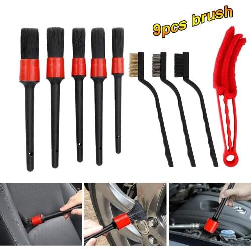 9pcs Car Accessories Brushes Special Detailing Set For Leather Seat Vent Tire Drill Cleaning Wash Tools Truck SUV 4x4 Automotive