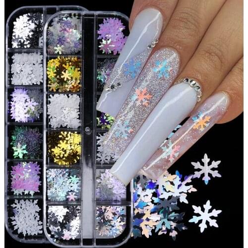 12 Grids Snowflake Nail Sequins 3D Laser Mirror Shiny Slices Winter Christmas Glitter Nail Art Decoration Accessories