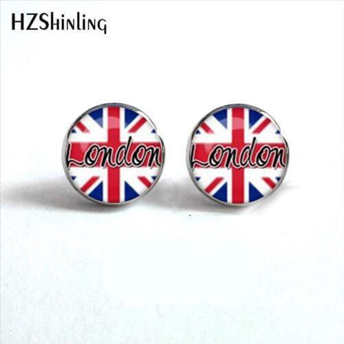 NES-0028 Steampunk British Flag Earrings Old London Ear Stud Jewelry American Flag Earrings Glass Cabochon Earrings HZ4