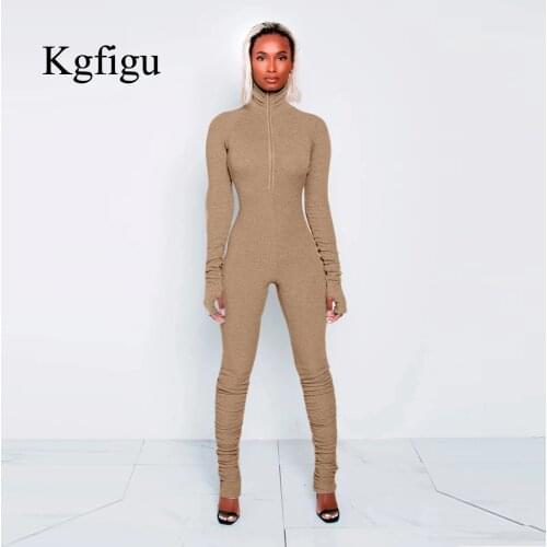 KGFIGU Rompers Jumpsuit 2021 New Style Womens High Neck Zipper Rib One Piece Bodycon Outfits Sexy Long Sleeve Khaki Overalls