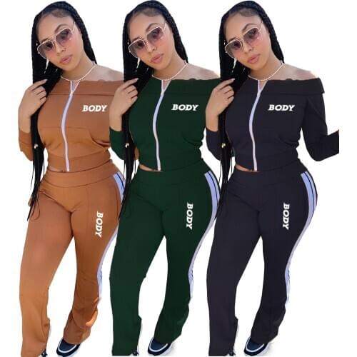 Echoine Womens Autumn Sexy Letter Embroidery Two Piece Set Sport Suit Zipper Long Sleeve Crop Top Casual Pant Streetwear Outfit