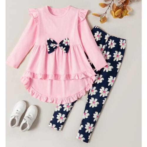 PatPat Trendy Bowknot Ruffled Longsleeves Tee and Flower Allover Print Pants