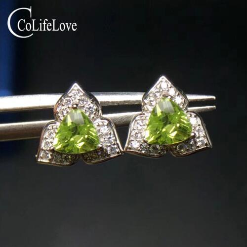 Fashion trangle stud earrings for woman 5 mm trillion cut natural peridot stud earrings 925 sterling silver peridot earrings