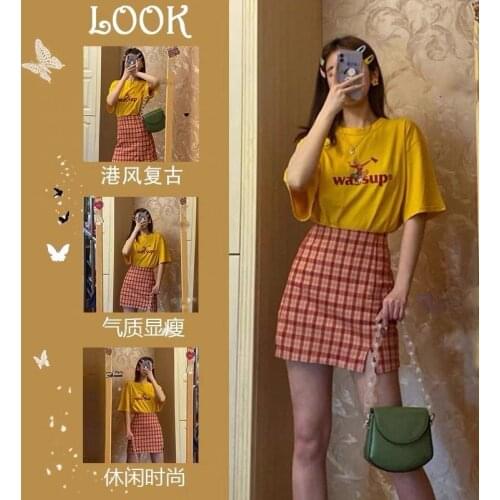 Fashion Summer Suit Female 2021 New Student Korean Version Loose Yellow Short Sleeve + Plaid Short Skirt Two-piece Suit