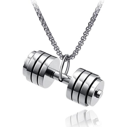 High Quality Stainless Steel Dumbbell Men Necklace Silver Color Long Chain Barbell Bodybuilding Sports Hip Hop Jewelry LN3023