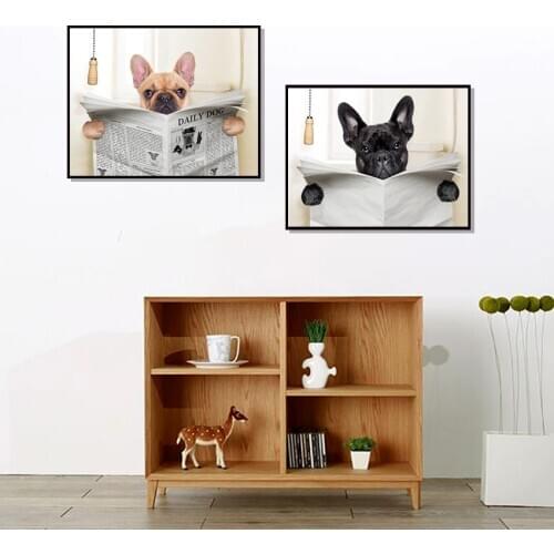Funny Dog Reading Newspaper Toilet Wall Art Unframed Canvas Painting For Home Bathroom Canvas Poster Prints Home Decor