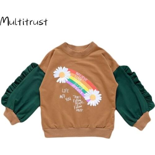 2020 Fall Kids Sweatshirts Floral Print Round Neck Long-Sleeve Casual Cartoon Patchwork Ruffle Hem Blouse 2-6Y