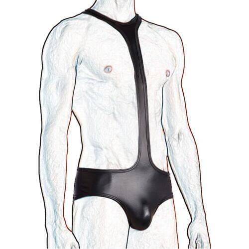 Sexy Men Undershirt Faux Leather PU Wrestling Singlet Open Butt Bikini Jumpsuit Suspender Teddies Underwear One-Piece Bodysuit