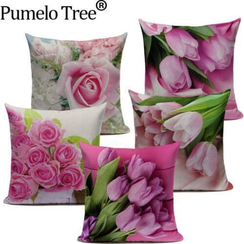 Modern Country Style Pink Flower Linen Custom Cushion Cover Decorative Sofa Car Chair Pillow Case Rose High Quality Throw Pillow