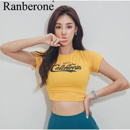 Ranberone Sport Top Fitness Women Letter Yoga Top Short Sleeve Shirt Female Running Sportswear Crop Top Women Workout Gym Top