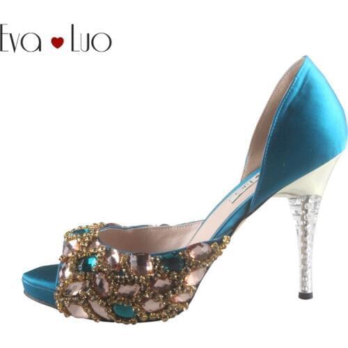 CHS679 Custom Handmade Teal Green Bridal Wedding Shoes Dress Pumps Silk Crystal Women High Heel Shoes
