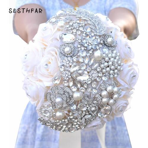 SESTHFAR Bridal Wedding Bouquet Natural Touch Roses Brooch Jewel Bride Bouquet Wedding Flowers Whimsical Brooch Bouquet