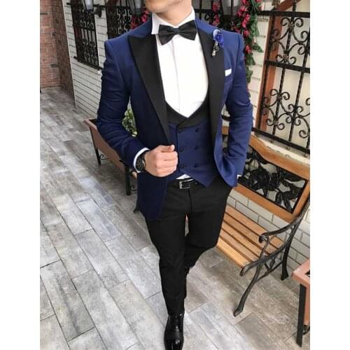 Navy Blue Black Lapel Suits For Men Custom Made Terno Slim Fit Groom 3 Piece Wedding Mens Suit Masculino Jacket+Pant+Vest+Bow