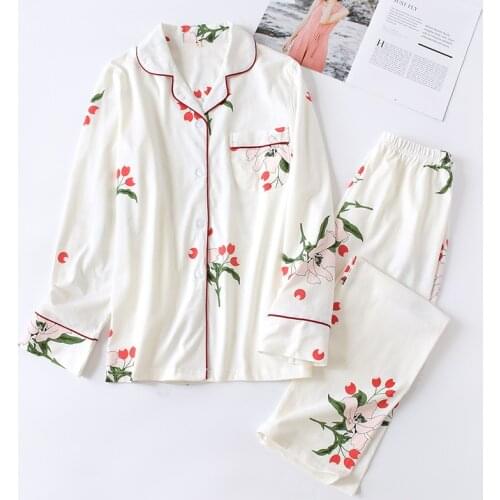Spring and Autumn New Products Ladies Pure Cotton Plus Size Homewear Knitted Long Sleeve Trousers Pajama Set two piece set women