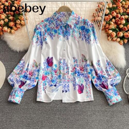 2021 New Spring Autumn Vintage versatile turn down collar Lantern Sleeve Shirt single breasted print loose casual Shirt Top