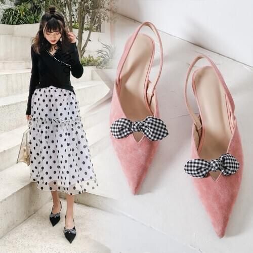 Mid-heeled ladies sandals pointed bow womens shoes stiletto sheep suede leather scrub sandals sweet pink womens sandals