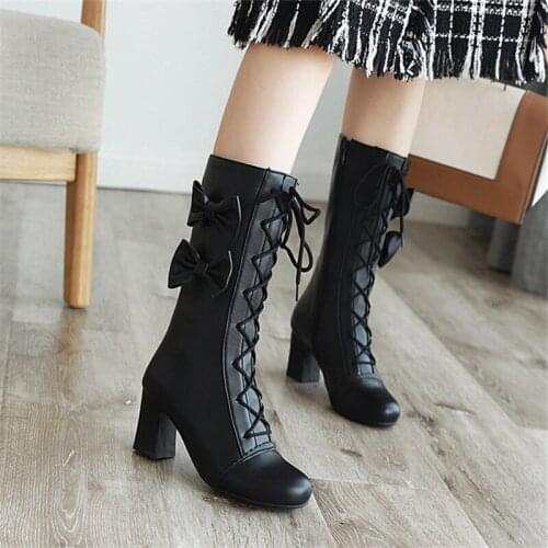 High Heels Women Ankle Boots Lace Up Fall Winter Platform Ladies Boots Large Size Fashion Shoes White Black Pink